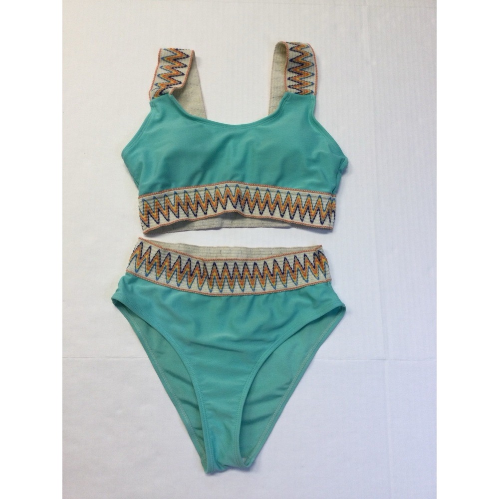 Cozyease Teen 14Y 2 Piece Swimsuit Chevron Tape Border Bikini‎ Mint Green